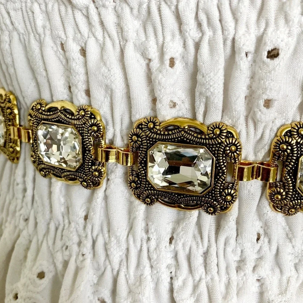 Gold Crystal Concho Chain Waist Statement Belt Formal wedding Bridal party event